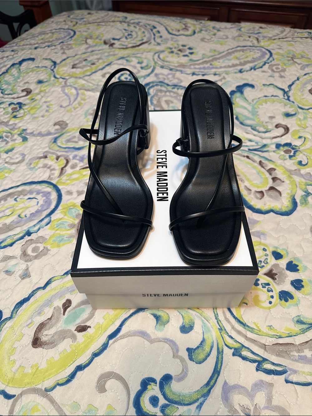 Steve Madden Black Strappy Square-Toe Heeled Sandals